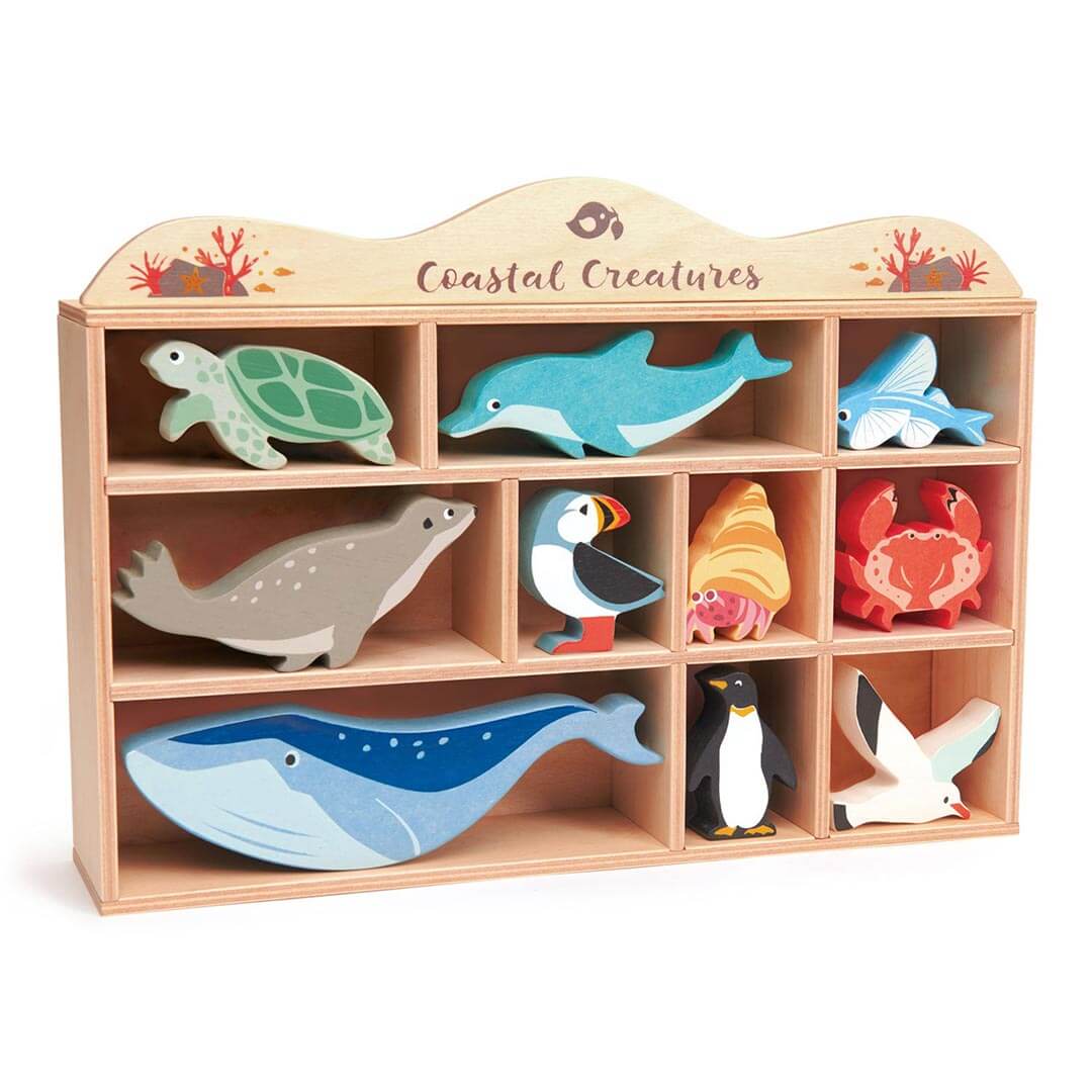 Tender Leaf Toys Wooden Coastal Animal Figures and Display Case