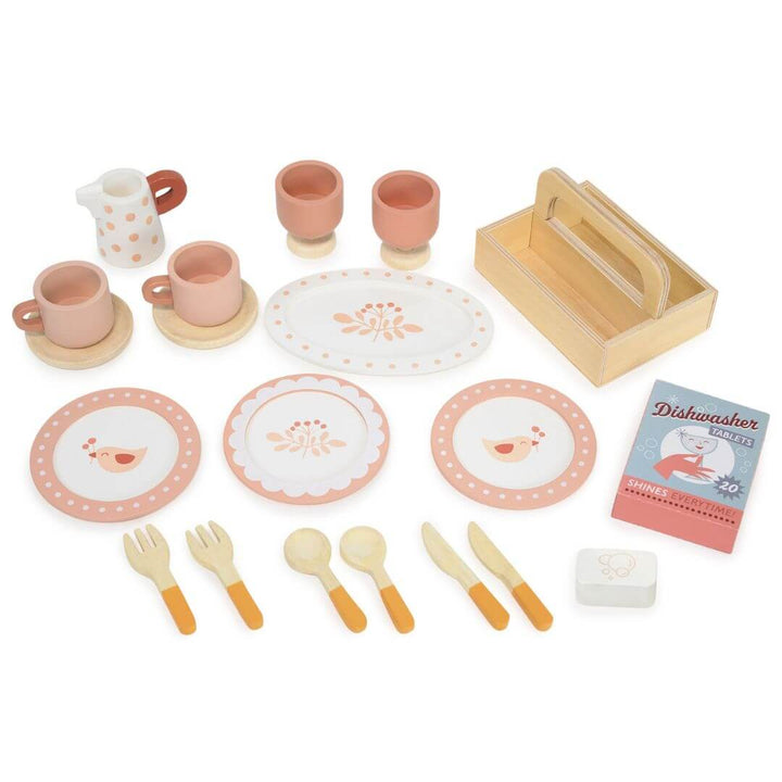 A set of wooden dishes that comes with the Tender Leaf Toys wooden dishwasher.