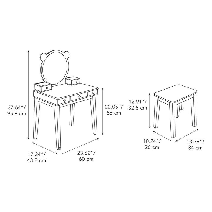 Dimensions of Tender Leaf Toys Forest Collection Wooden Dressing Table and Stool
