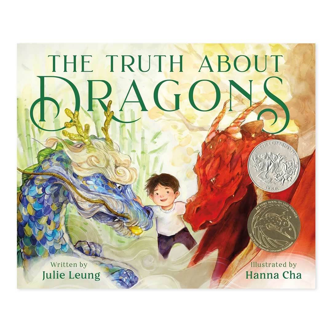 The Truth About Dragons book cover with child holding a red dragon and a blue tone dragon