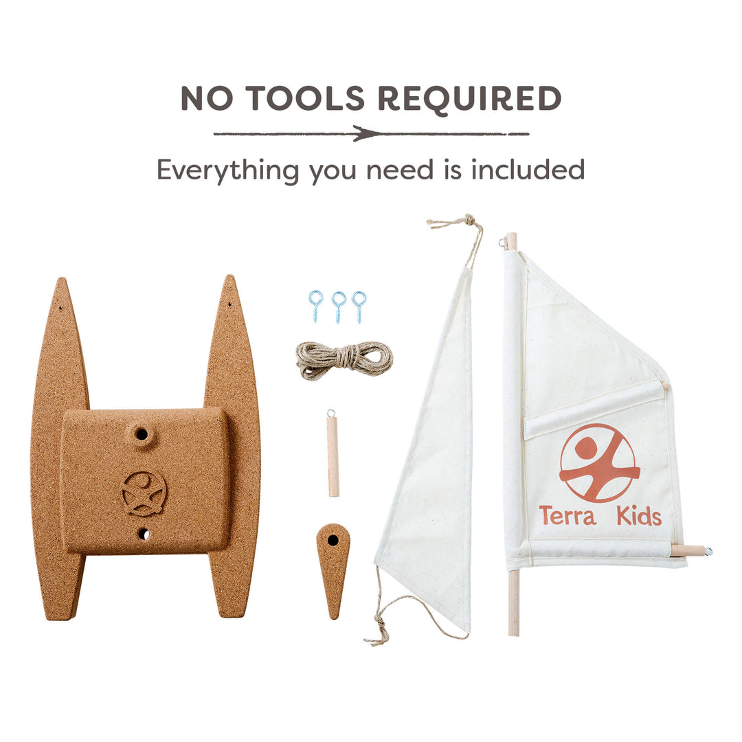 HABA Terra Kids DIY Catamaran - no tools required, everything you need is included! Toy set with sail and mast, labeled 'Terra Kids', on a white background.