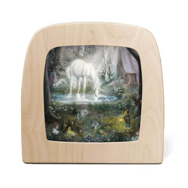 Toverlux wooden night light with an illustrated transparency featuring a woodland fairy and unicorn scene - Bella Luna Toys