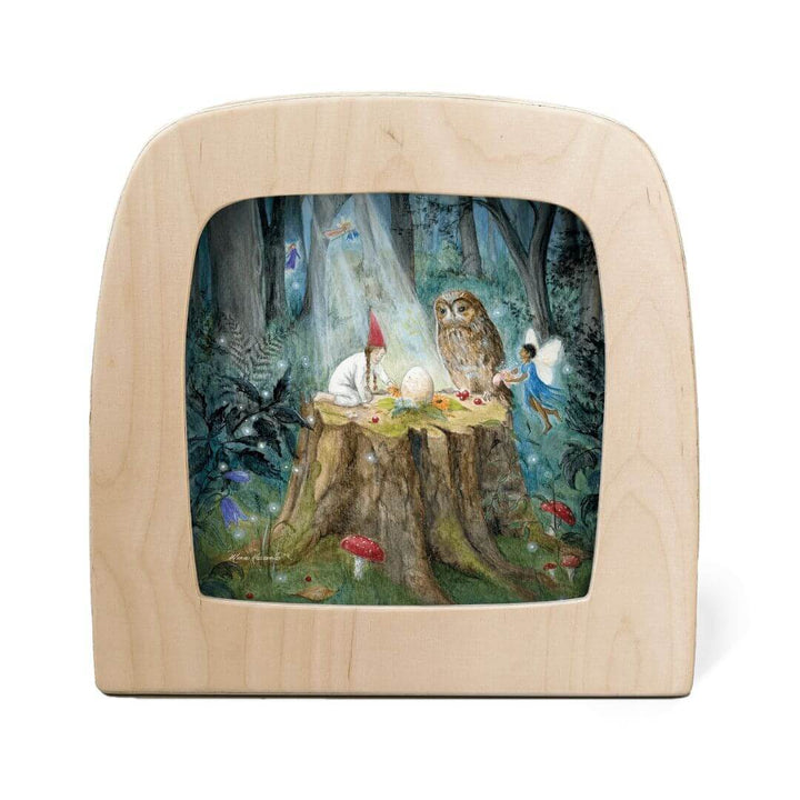 Toverlux wooden night light with an illustrated transparency featuring a cozy woodland fairy scene - Bella Luna Toys