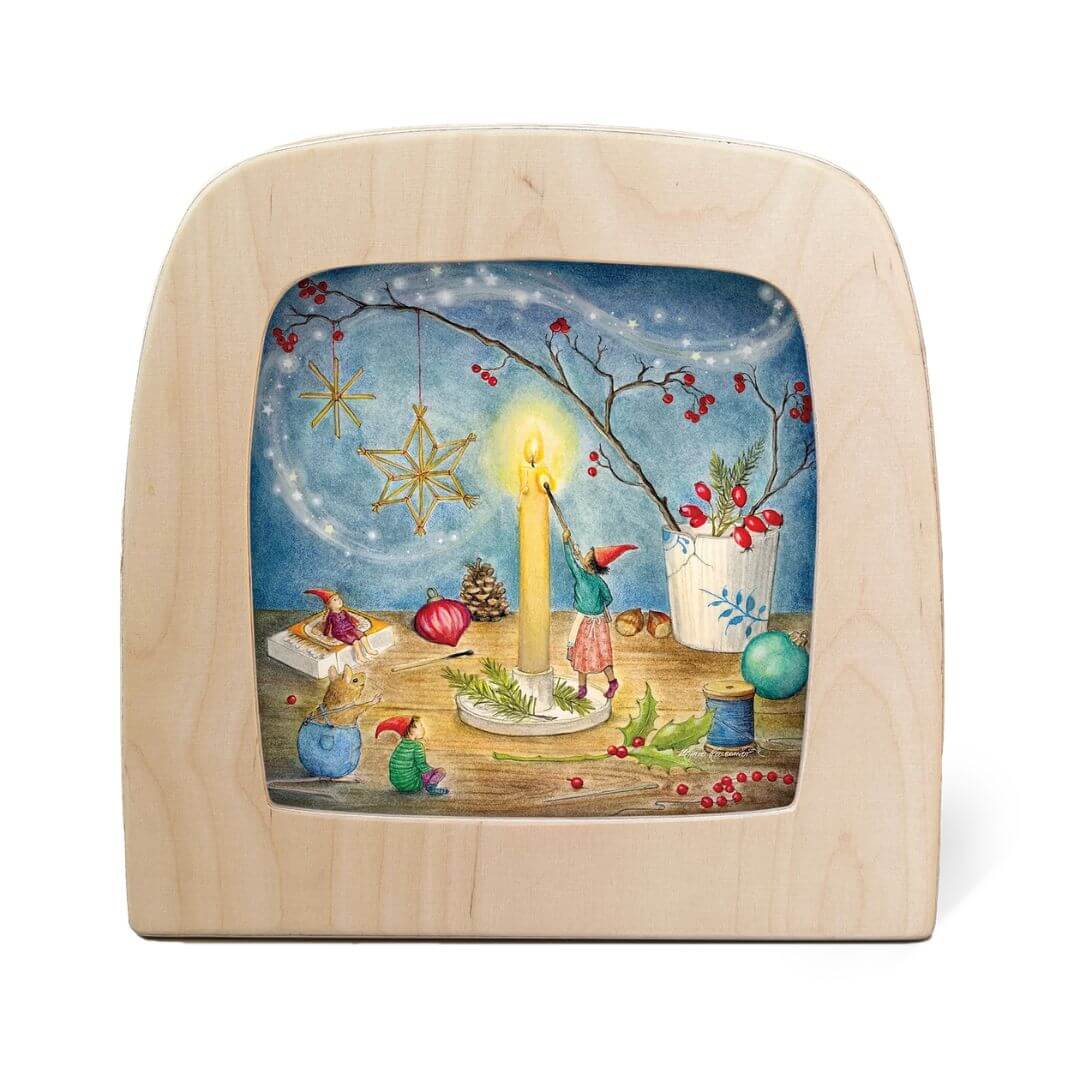 Toverlux wooden night light with an illustrated transparency featuring a cozy holiday gnome scene - Bella Luna Toys