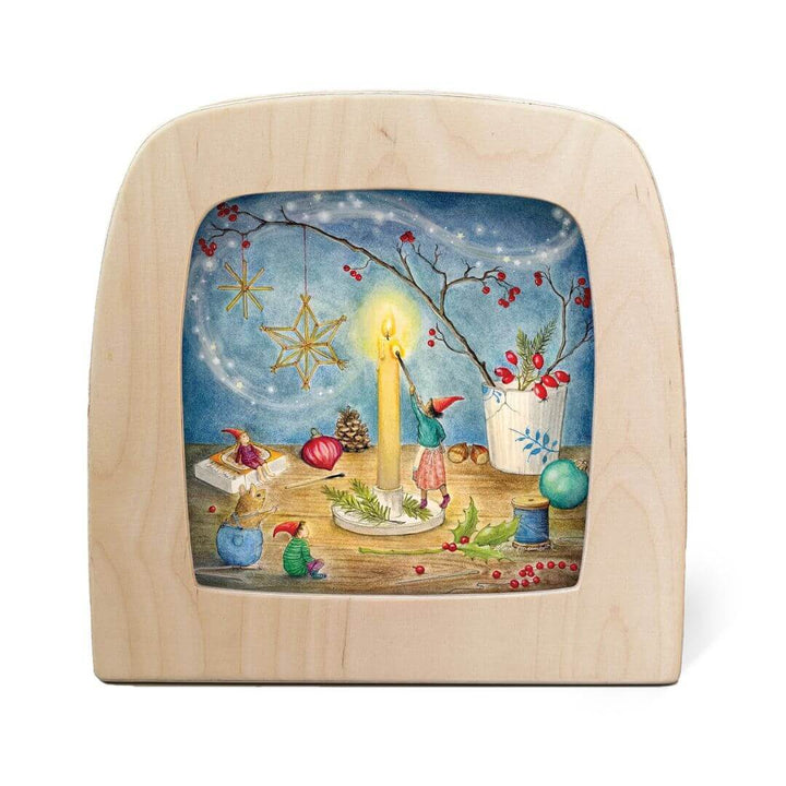 Toverlux wooden night light with an illustrated transparency featuring a cozy holiday gnome scene - Bella Luna Toys