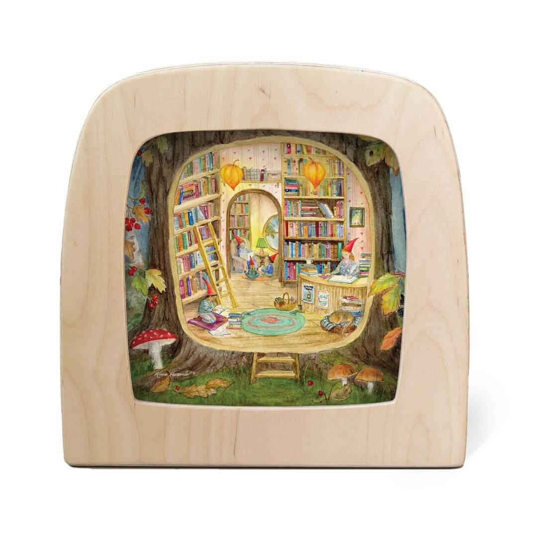 Toverlux wooden night light with an illustrated transparency featuring a cozy woodland library scene Bella Luna Toys