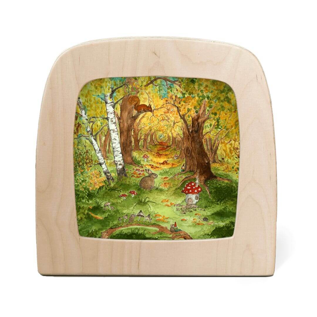 Toverlux transparency Autumn Forest by Eentje van Margo featuring a peaceful woodland path lined with birch trees, mushrooms, and forest animals in the golden light of fall. A gentle scene full of seasonal detail.
