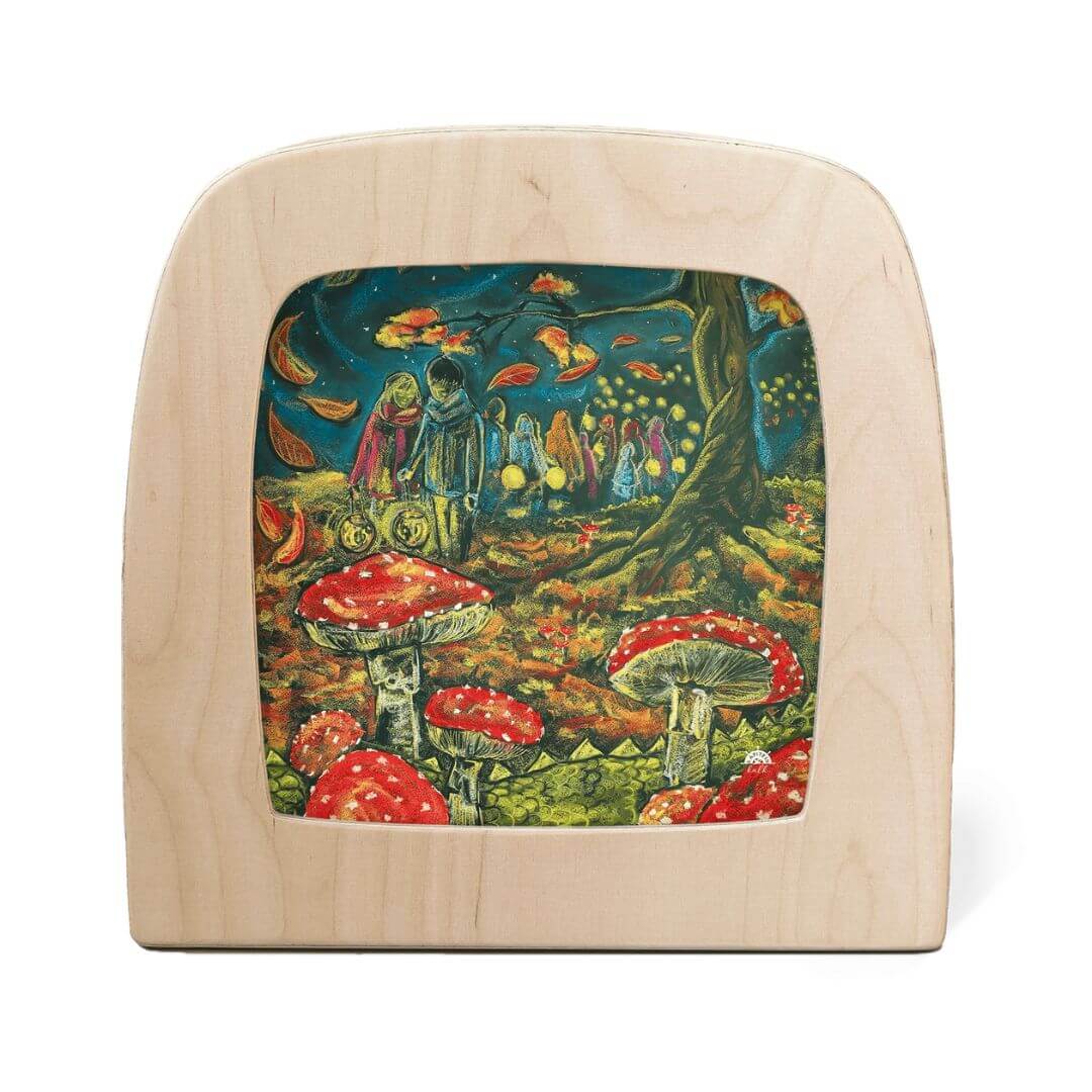 Toverlux Transparency Autumn by Kapitein Kalk featuring an enchanting forest scene with mushroom-capped trees, whimsical figures, and glowing lanterns under a starlit autumn sky. Rich with red and gold hues.