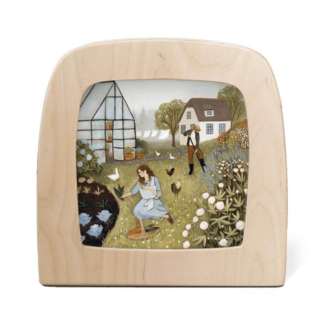 Rooted in pastoral beauty, “Homestead” by Robin Pieterse captures a tender day of tending gardens and gathering nature’s gifts. A tranquil transparency for the Toverlux Lamp, inviting calm and connection for Bella Luna Toys