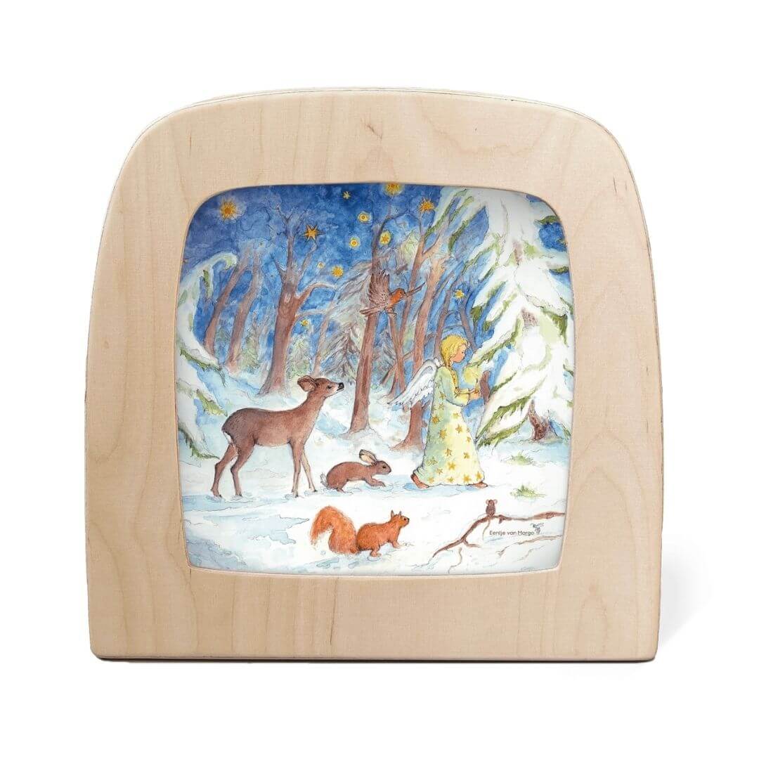 Toverlux Lamp Transparency – “Winter Forest” by  Eentje van Margo, from the Winter Collection. A gentle winter scene with woodland animals and an angel walking through snow beneath starry trees - Bella Luna Toys