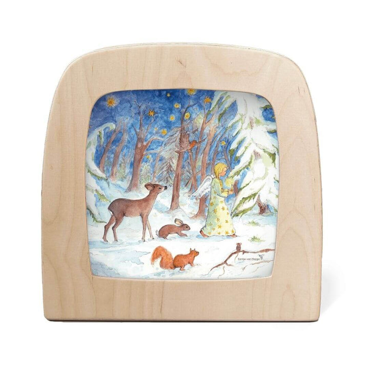 Toverlux Lamp Transparency – “Winter Forest” by  Eentje van Margo, from the Winter Collection. A gentle winter scene with woodland animals and an angel walking through snow beneath starry trees - Bella Luna Toys