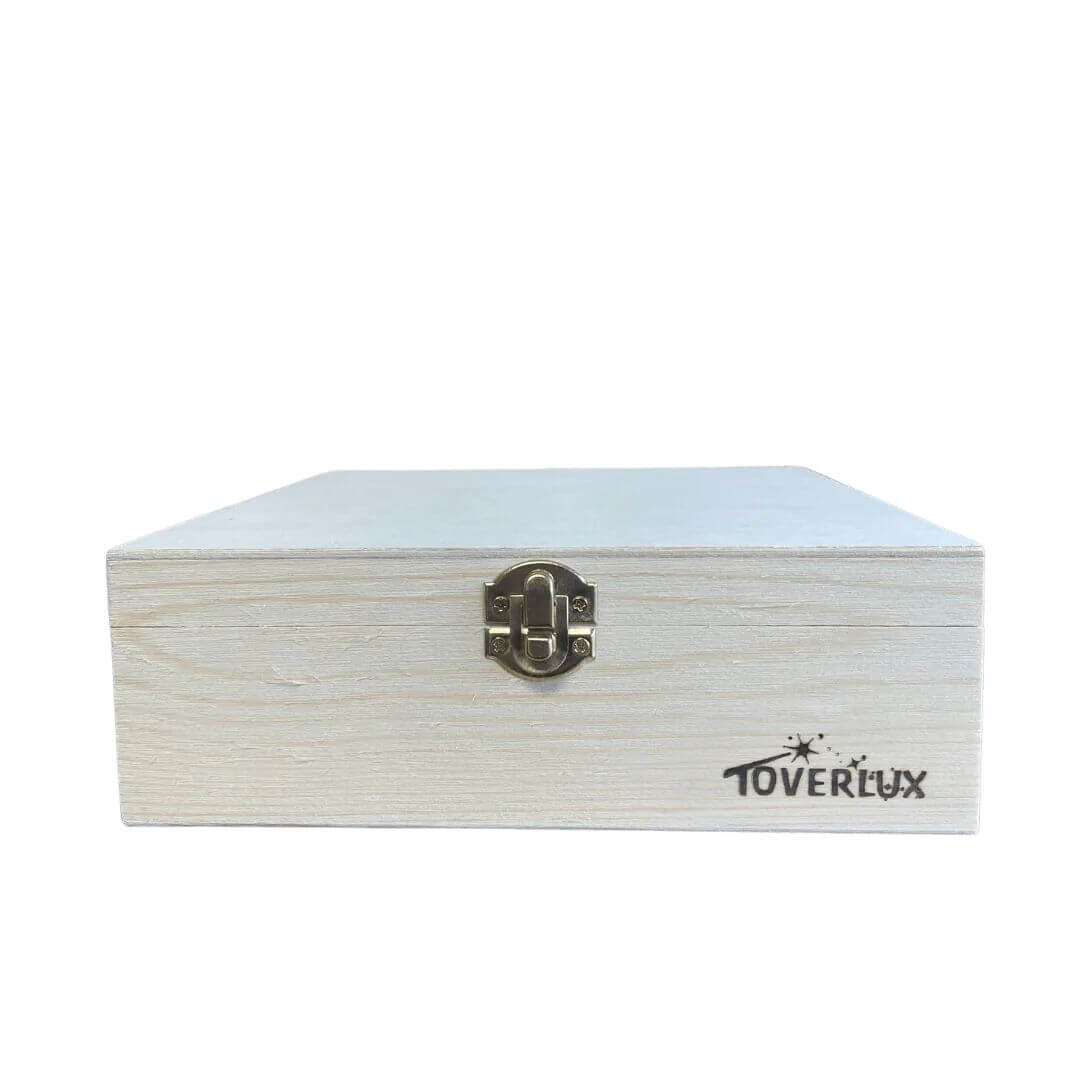 Wooden box with a metallic clasp on a white background, featuring the Toverlux brand.