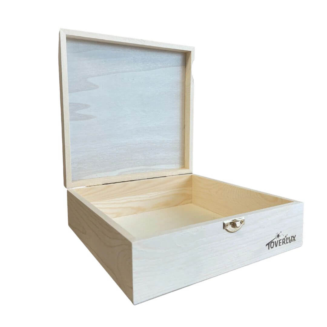 Wooden storage box for Toverlux transparencies on a white background
