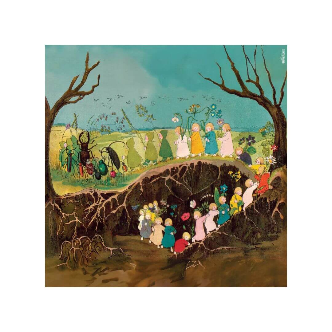 Toverlux Root Children Silhouette – The Root Children emerge from underground, dressed in colorful spring clothes, walking hand-in-hand toward the blooming meadow above, with beetles and bugs welcoming them in Sibylle von Olfers’ classic seasonal tale.