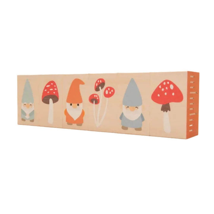 Magic Forest wooden blocks featuring mushrooms and gnomes.