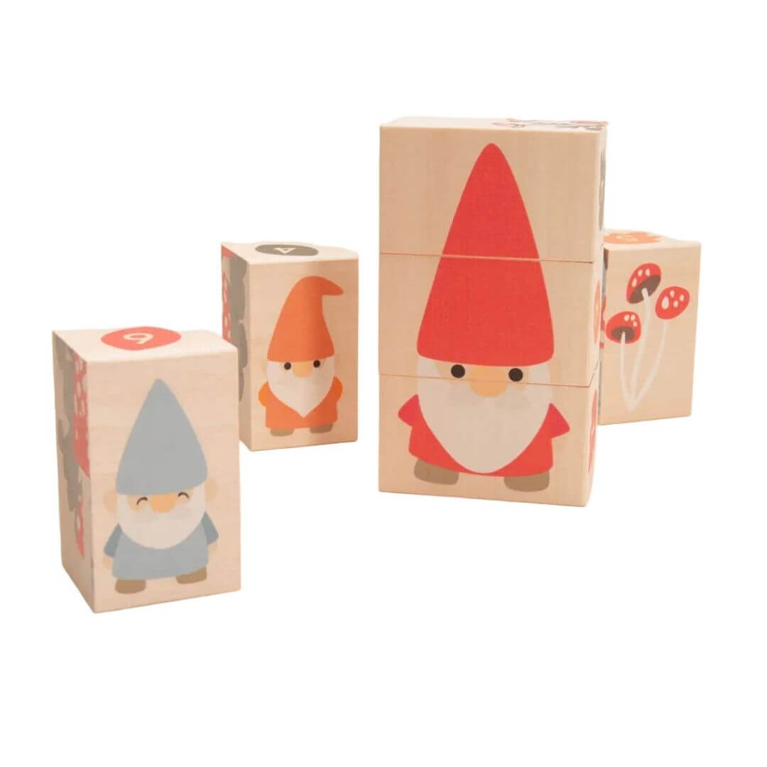 Set of wooden blocks from Uncle Goose with gnome illustrations on a white background