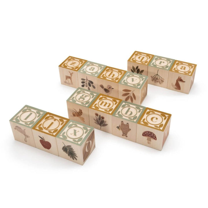 Neutral toned Watercolor ABC blocks from Uncle Goose featuring woodland creatures and fauna.