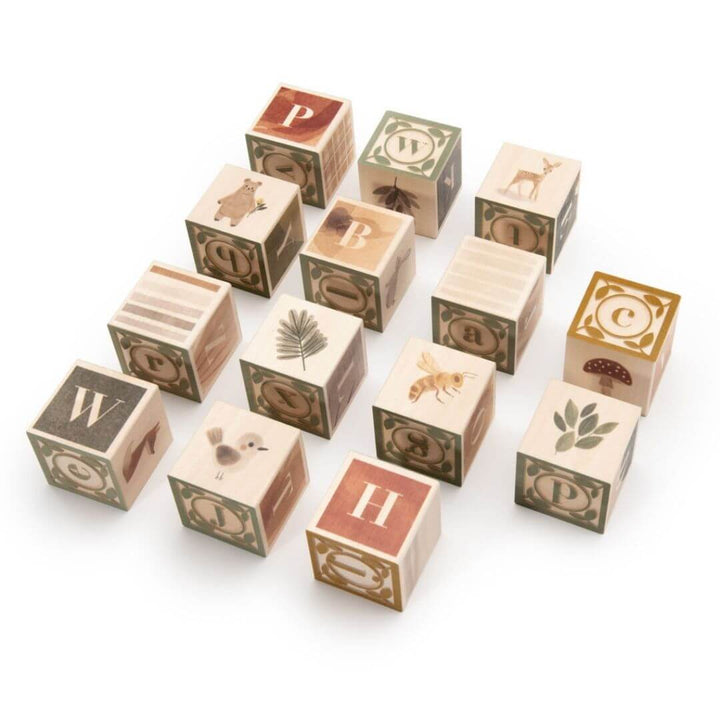 Neutral toned Watercolor ABC blocks from Uncle Goose featuring woodland creatures and fauna.