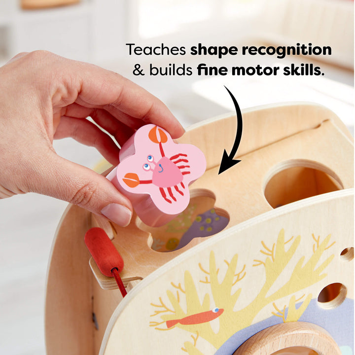 A hand placing a pink crab-shaped block into a matching slot on a wooden toy. Text reads "Teaches shape recognition & builds fine motor skills."