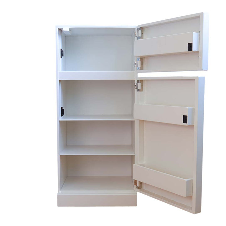 White fridge with open doors on a white background.