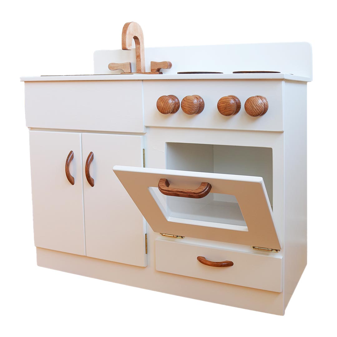Wooden toy kitchen set with white surface and wooden details on a white background