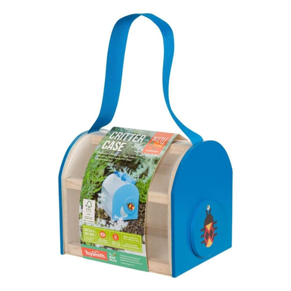 Wooden critter case with mesh sides, peek-through door, and blue carrying strap, designed for observing insects and nature finds.