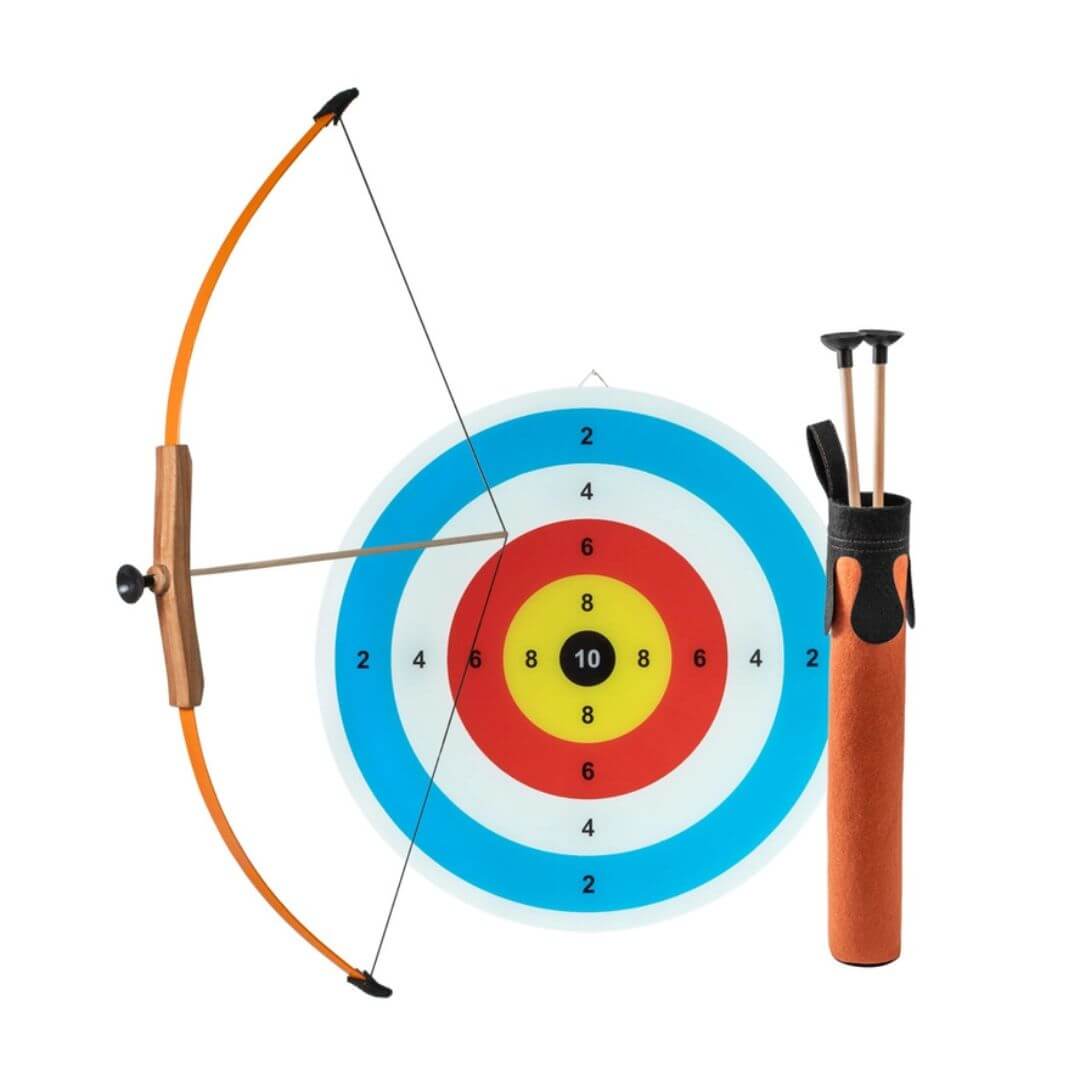 Archery set with bow, target, and quiver on a white background