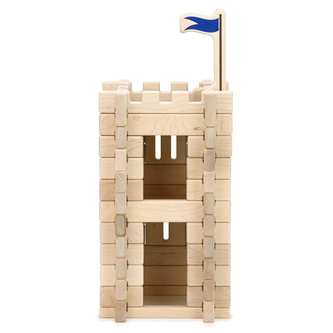 Rear view of the Everwood Friends Wooden Notch Blocks Castle Tower Set featuring 64 interlocking wooden blocks in 12 shapes that assemble into an impressive multilevel medieval castle tower standing over 18 inches tall - Bella Luna Toys