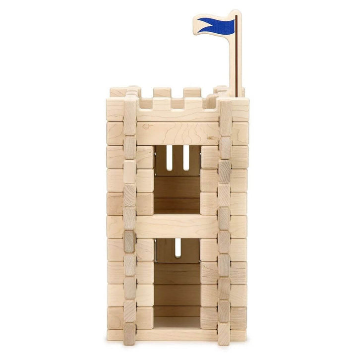 Rear view of the Everwood Friends Wooden Notch Blocks Castle Tower Set featuring 64 interlocking wooden blocks in 12 shapes that assemble into an impressive multilevel medieval castle tower standing over 18 inches tall - Bella Luna Toys