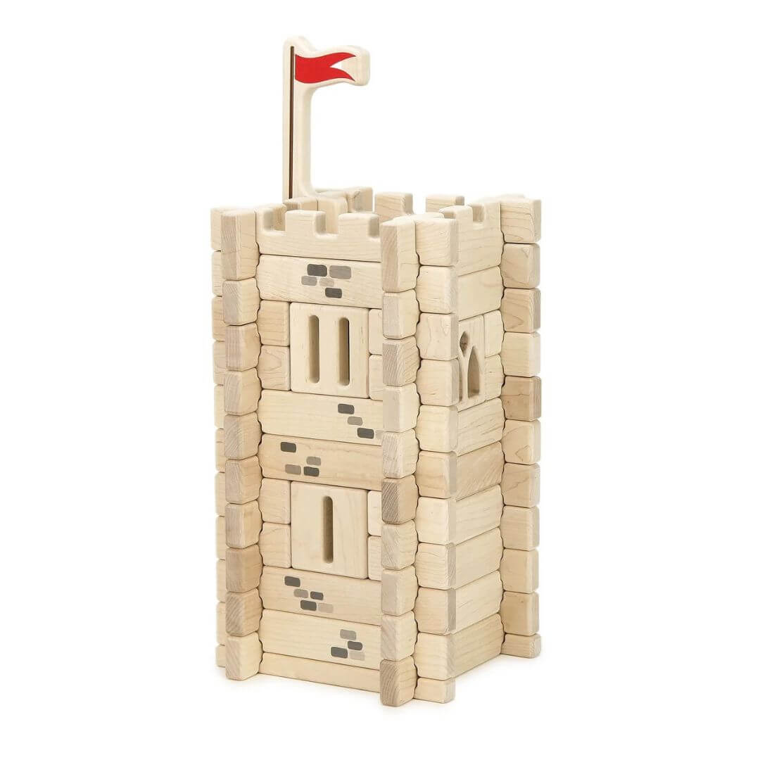 Everwood Friends Wooden Notch Blocks Castle Tower Set featuring 64 interlocking wooden blocks in 12 shapes that assemble into an impressive multilevel medieval castle tower standing over 18 inches tall - Bella Luna Toys