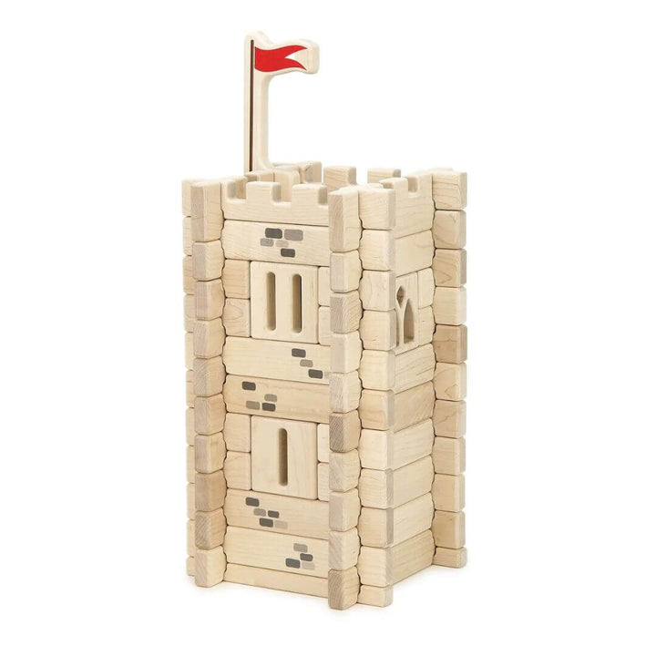 Everwood Friends Wooden Notch Blocks Castle Tower Set featuring 64 interlocking wooden blocks in 12 shapes that assemble into an impressive multilevel medieval castle tower standing over 18 inches tall - Bella Luna Toys