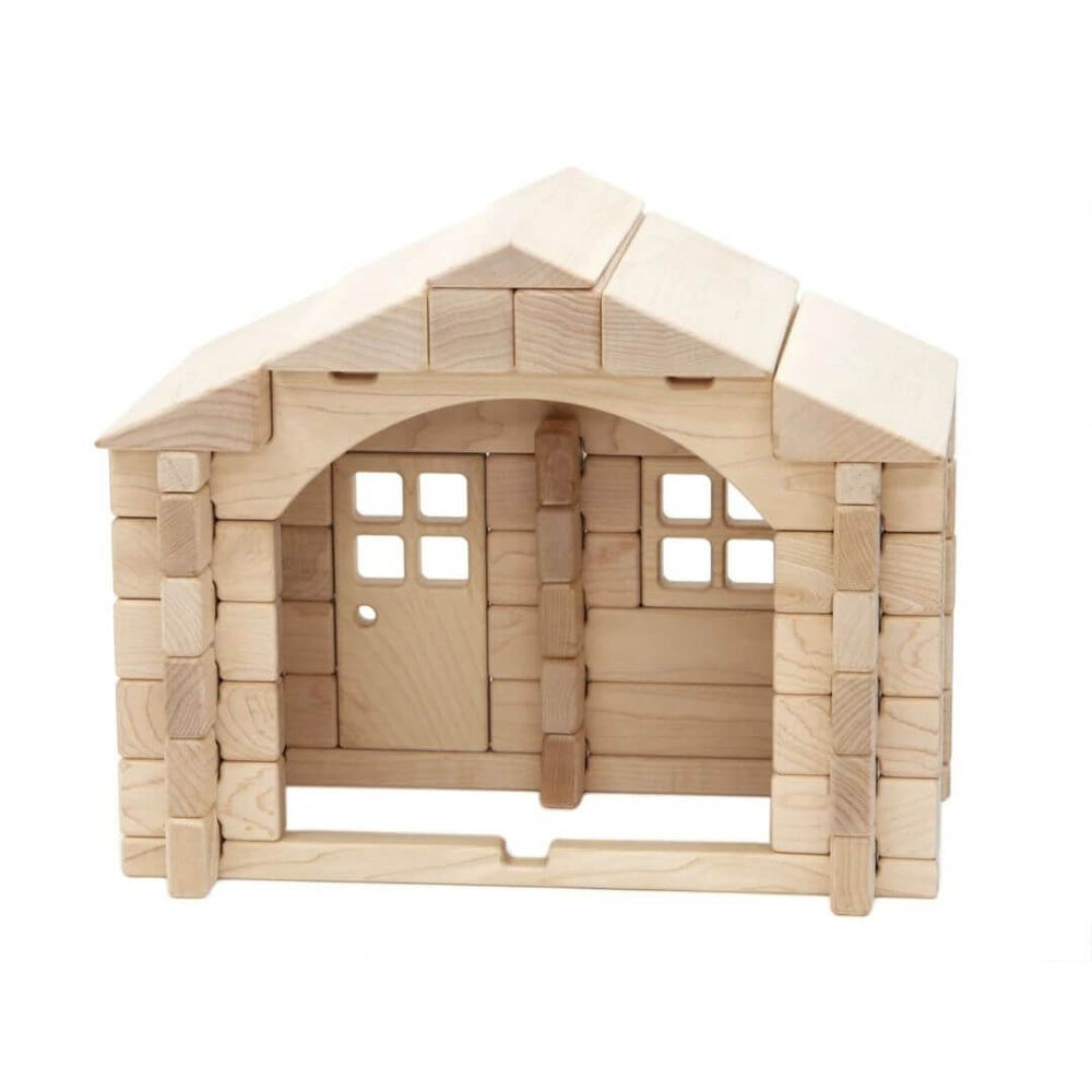 Everwood Friends Wooden Notch Blocks assembled into a charming wooden house with a pitched roof, window, and door, showcasing the interlocking block design - Bella Luna Toys