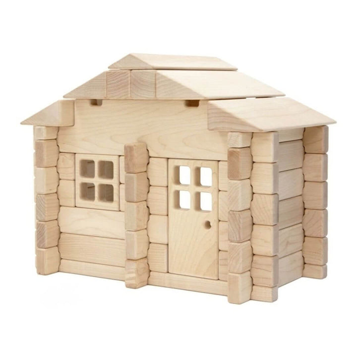 Everwood Friends Wooden Notch Blocks assembled into a charming wooden house with a pitched roof, window, and door, showcasing the interlocking block design - Bella Luna Toys