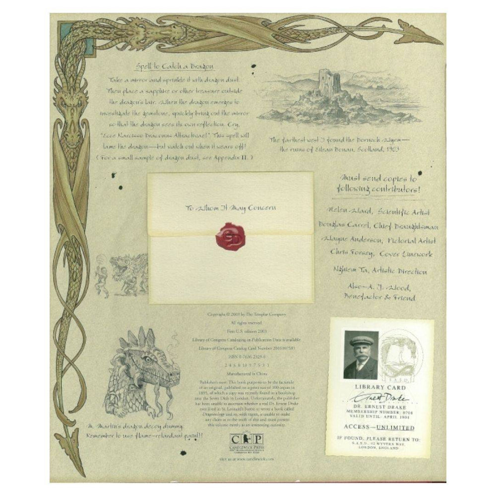 a page from the book showing a spell to catch a dragon and the image of a wax-sealed envelope