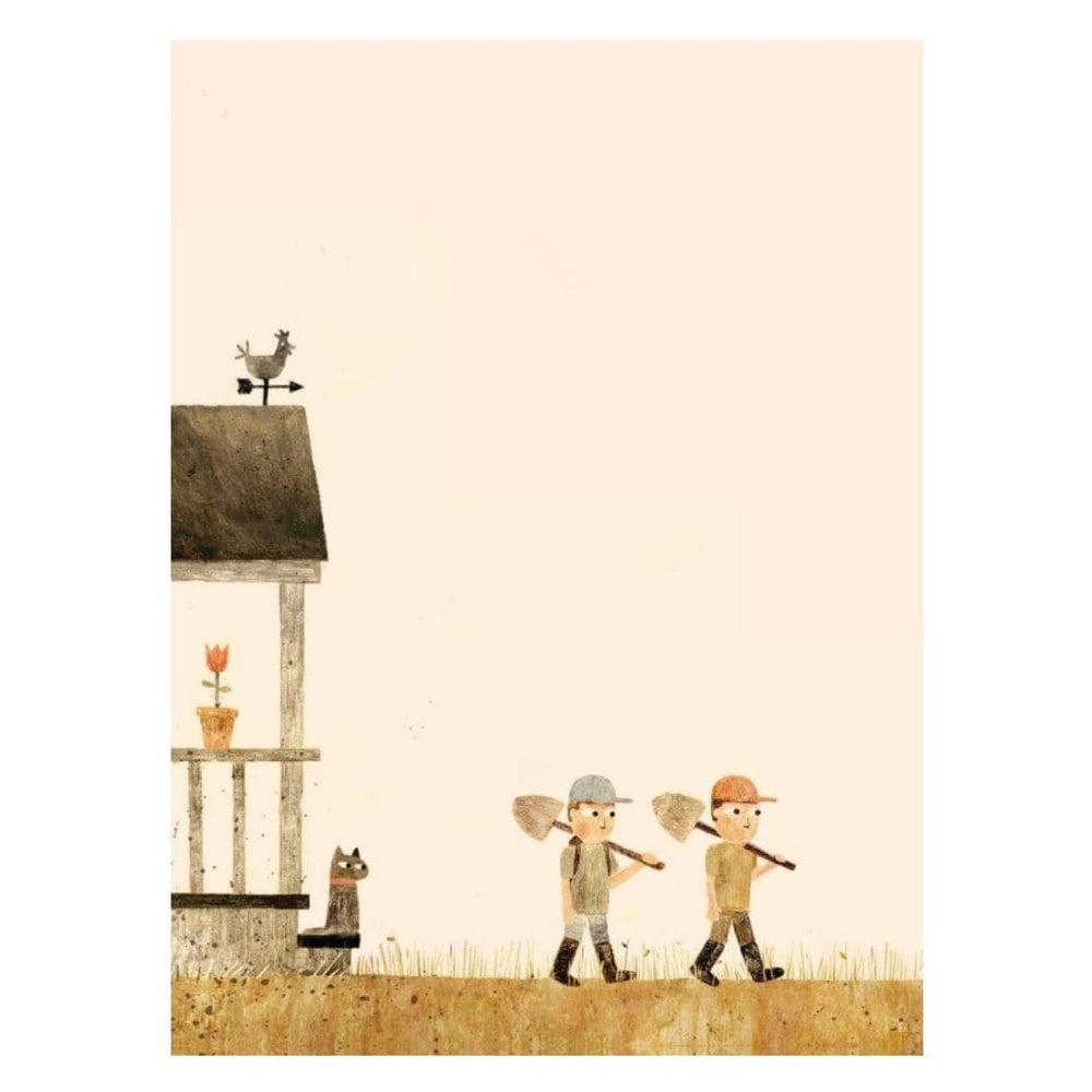image from book showing two kids with boots, hats, shovels over their shoulders walking away from a porch