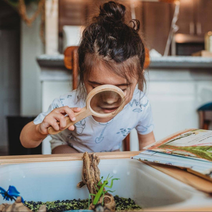 A child using a wooden magnifying glass to look at pretend bugs