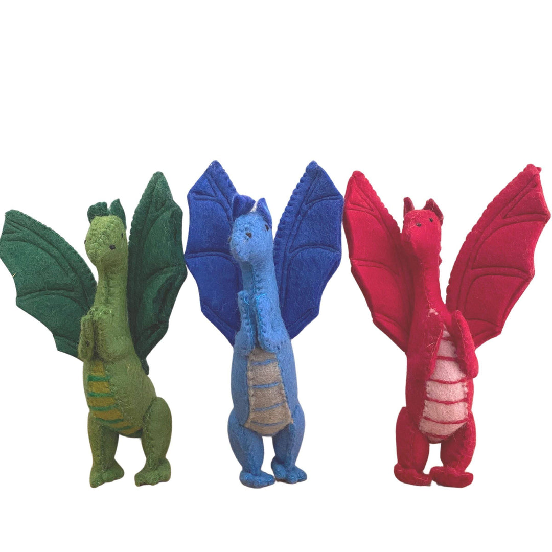 Papoose Toys - Felted Dragons Standing,  Set of 3 - Red, Blue and Green - Bella Luna Toys