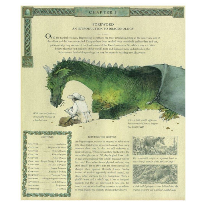 an illustrated page from the Foreword: An Introduction To Dragonology with text, a large colored illustration of a green dragon