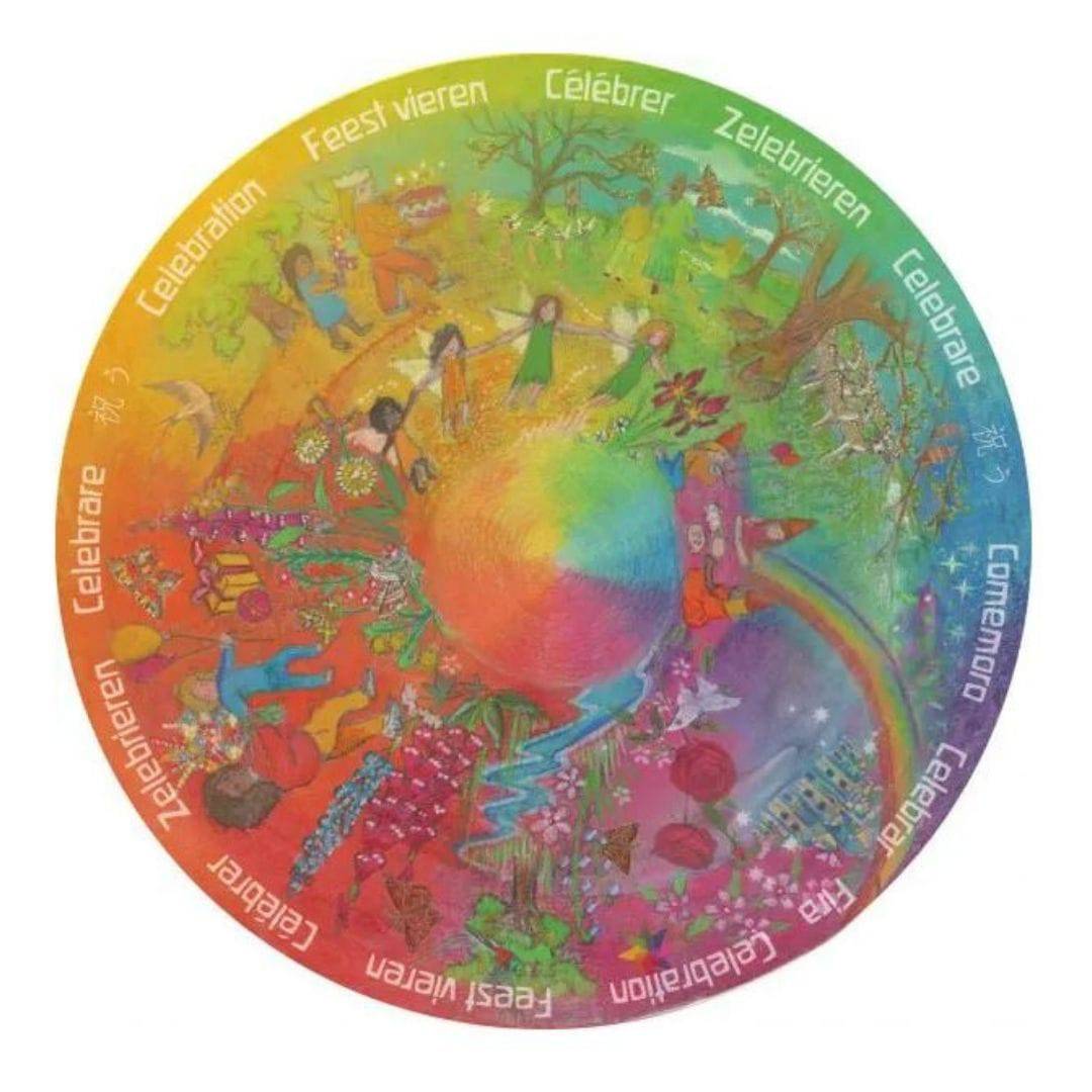 Waldorf Family- Colorful birthday wheel with the word 'celebrate' translated into 12 languages- Bella Luna Toys