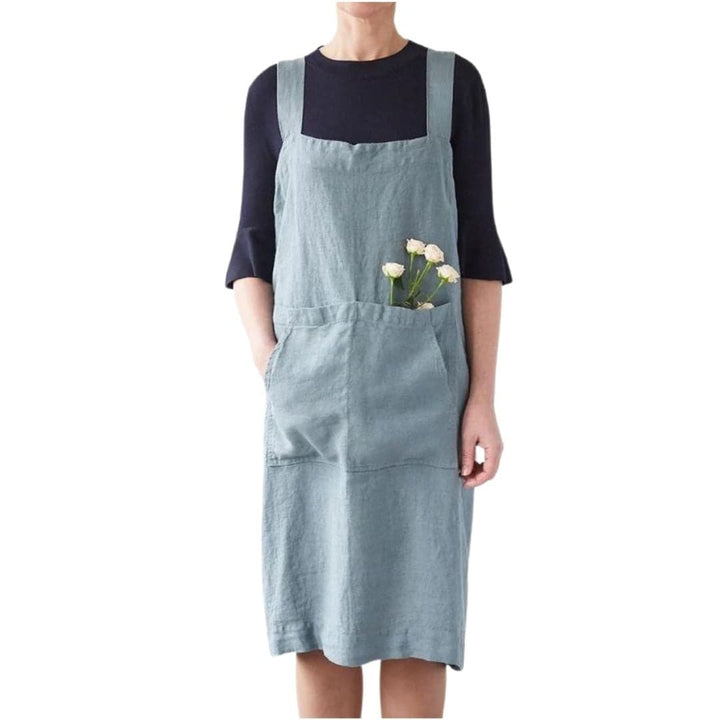 Blue Fog Washed Linen Pinafore Apron - Adult size. front view