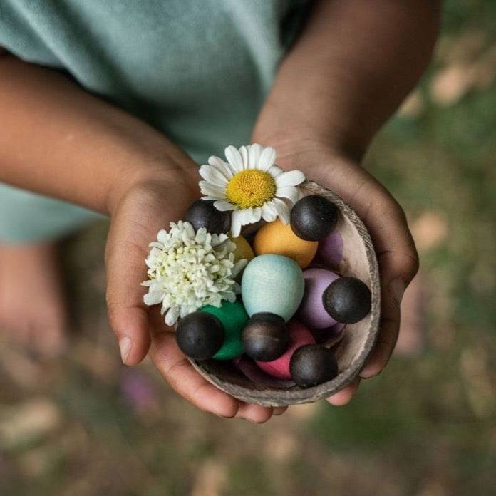 Child holding out coconut shell with 6 Grapat Dark Wood Baby Nins Peg People, and a couple of small white flowers