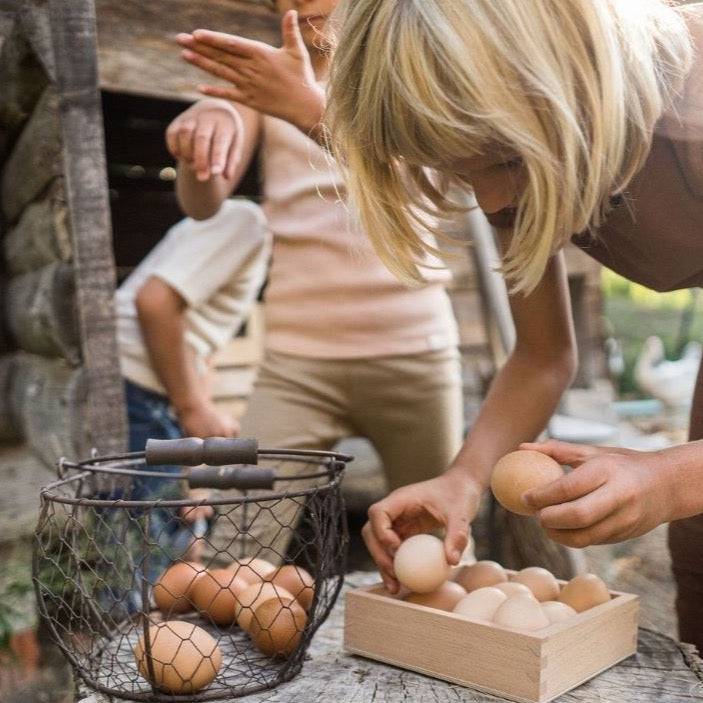 Child placing eggs in Grapat Wooden Storage Box