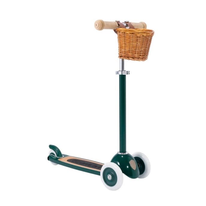 Banwood vintage-style 3-wheeled scooter with wicker handlebar basket - Dark Green | Bella Luna Toys