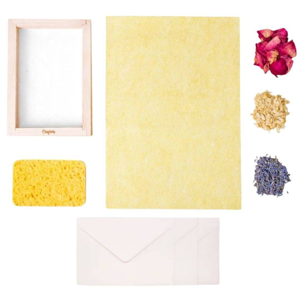 Paper Kit materials, including screen, sponge, several types of flower petals, and envelopes