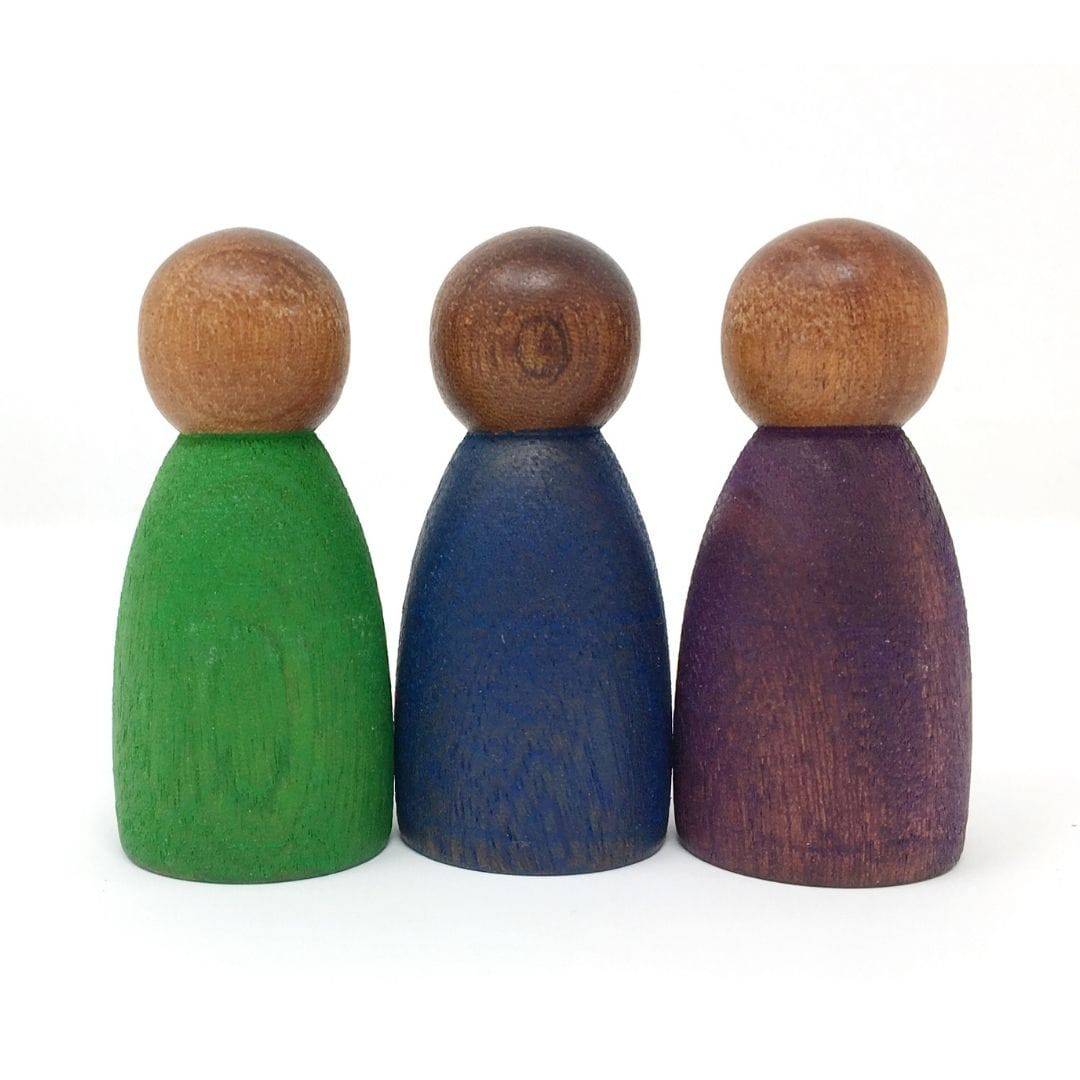 Grapat Dark Cold Nins Wooden Peg People, one green, one blue, one purple