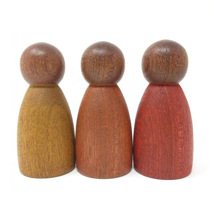 3 Grapat Dark Wood Warm Color Peg People, in yellow, orange, and red