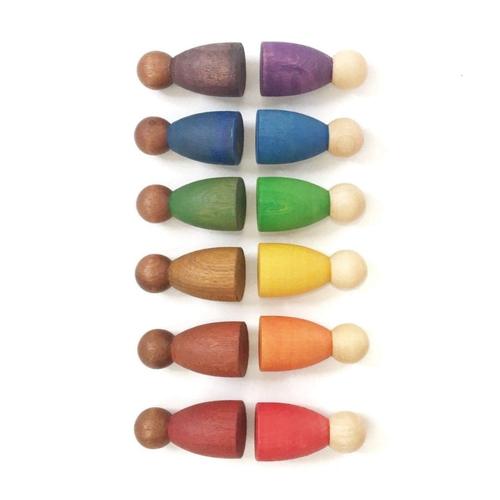 12 Grapat Nins Wooden Peg People, in dark and light color wood, in all 6 colors: purple, blue, green, yellow, orange, and red