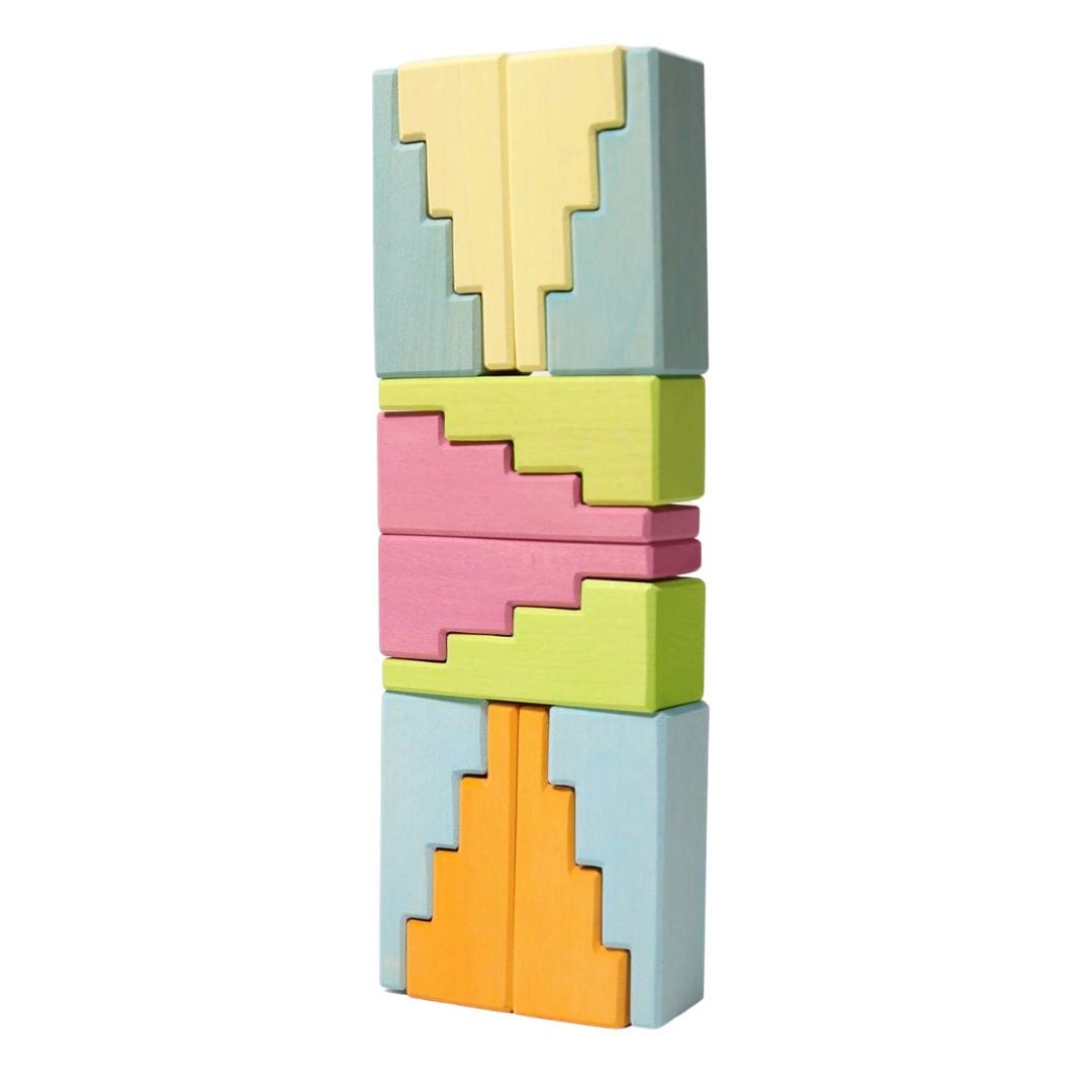 Wooden Stepped Roofs Building Blocks Set - Pastel