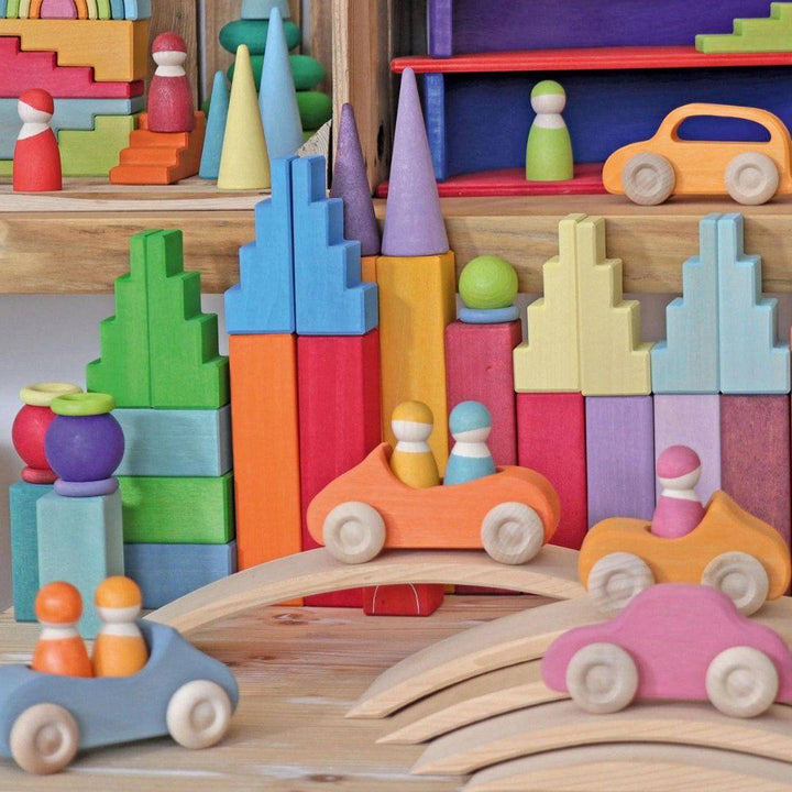 Playscene with Grimm's Wooden Stepped Roofs Building Blocks Set - Pastel