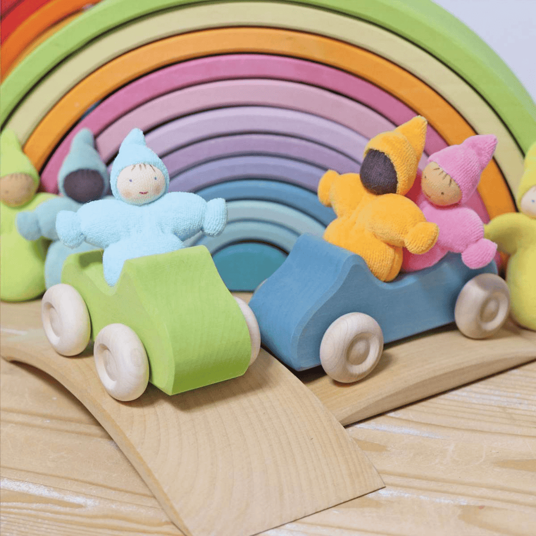 Waldorf Pocket Baby Dolls | Grimm's pastel dwarves in convertible toy cars | Bella Luna Toys